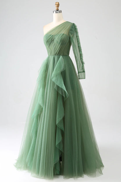 Dark green sexy and sweet A-line shoulder long sleeved dance dress