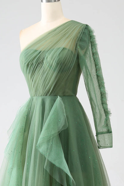 Dark green sexy and sweet A-line shoulder long sleeved dance dress