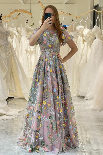 Elegant and sweet A-line long sleeved sheer ball dress