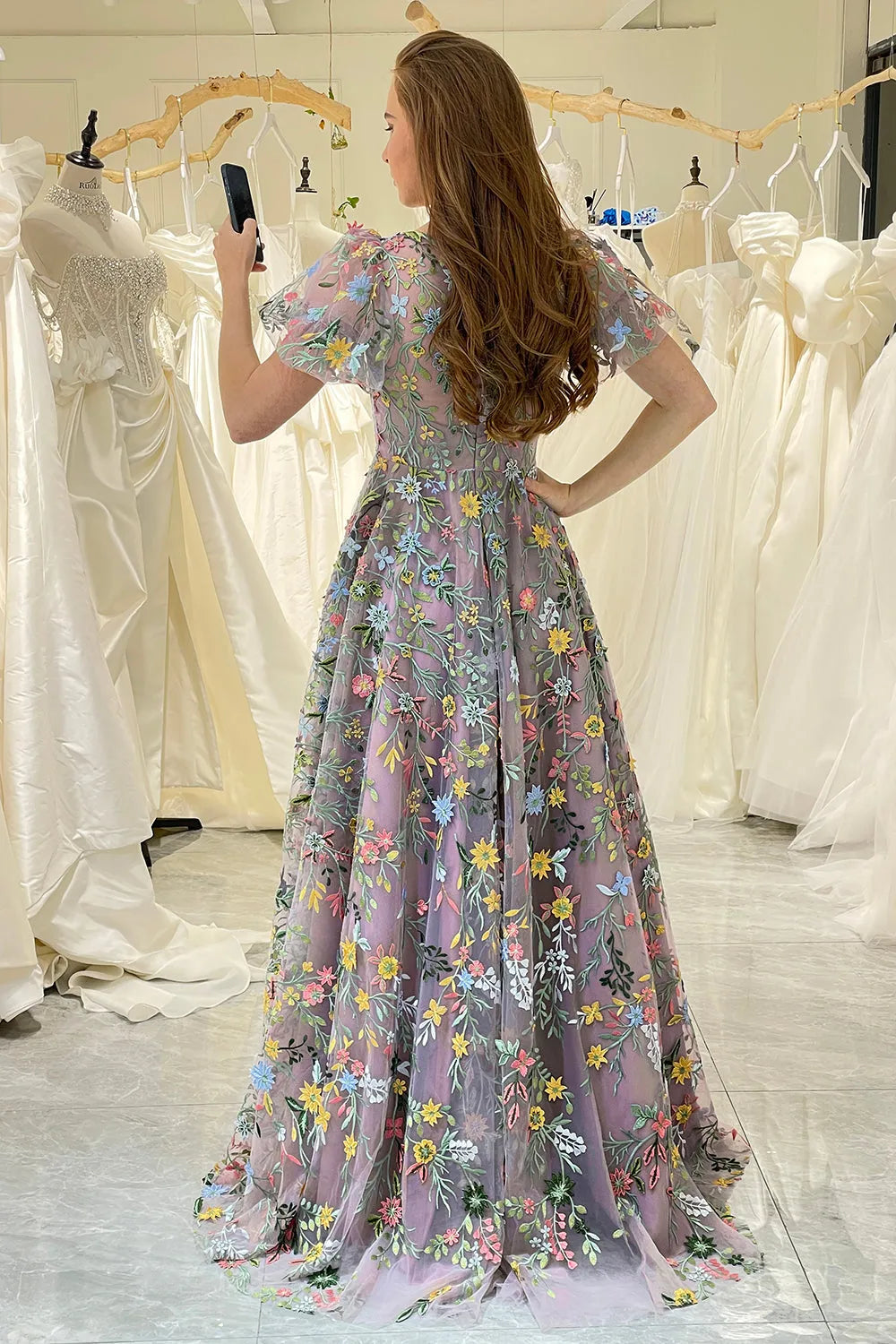 Elegant and sweet A-line long sleeved sheer ball dress