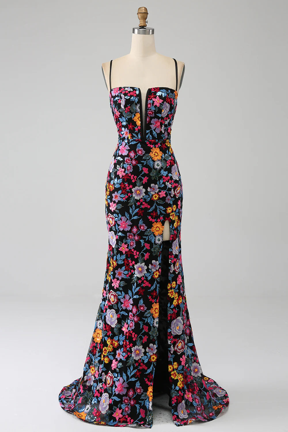 Mermaid Italian Noodle Strap Black Flower Embroidered Side Split Ball Dress