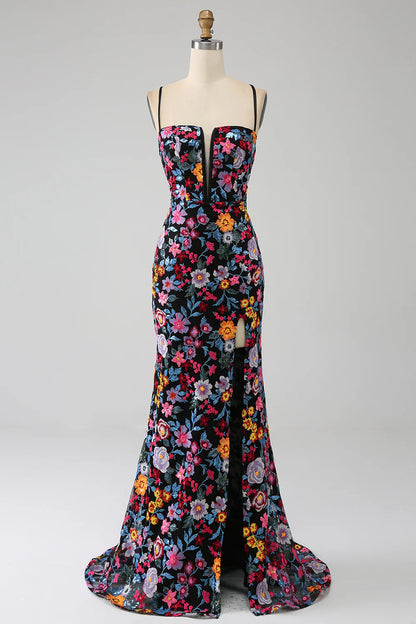 Mermaid Italian Noodle Strap Black Flower Embroidered Side Split Ball Dress