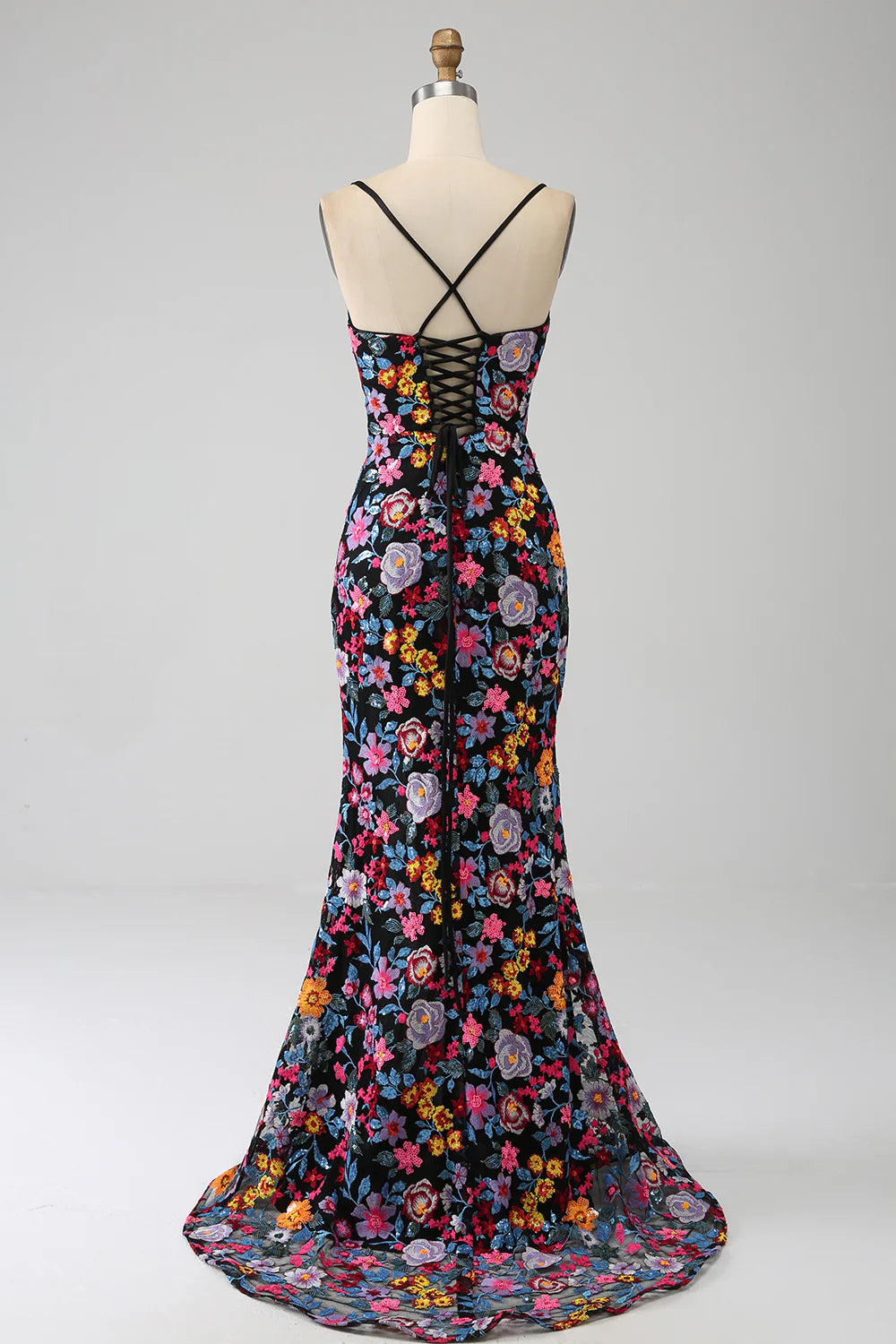 Mermaid Italian Noodle Strap Black Flower Embroidered Side Split Ball Dress