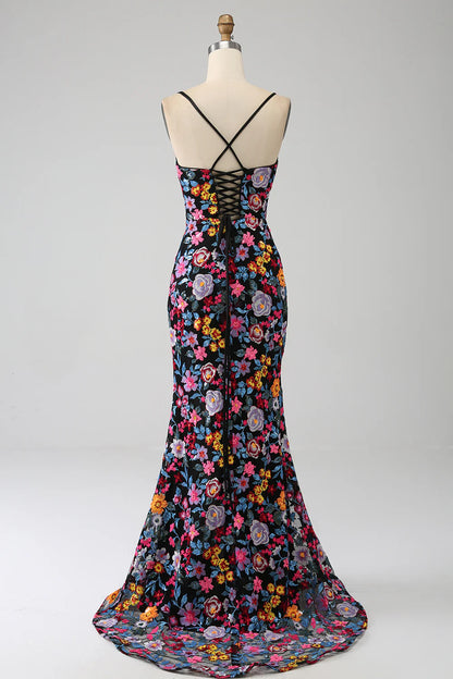 Mermaid Italian Noodle Strap Black Flower Embroidered Side Split Ball Dress