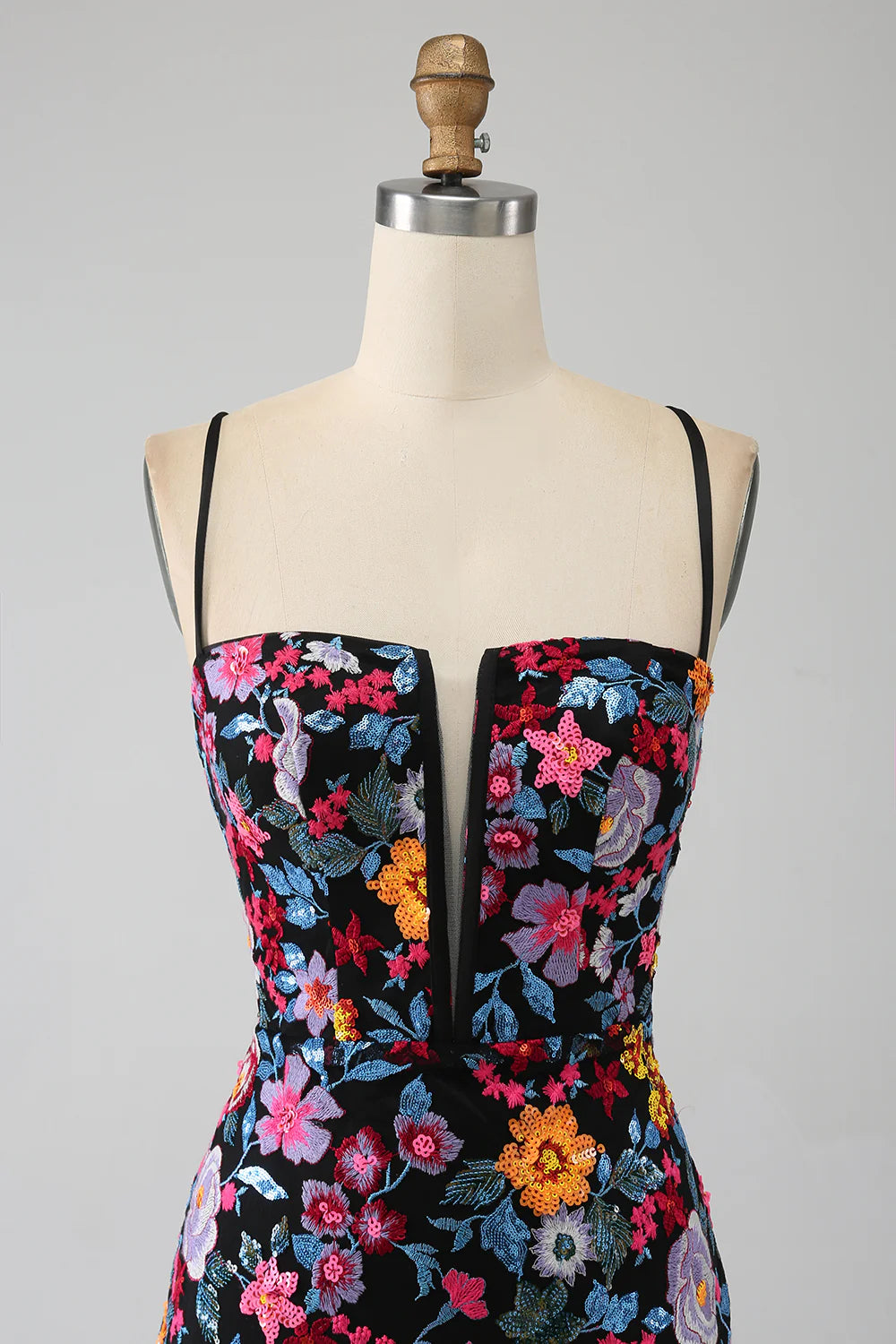 Mermaid Italian Noodle Strap Black Flower Embroidered Side Split Ball Dress