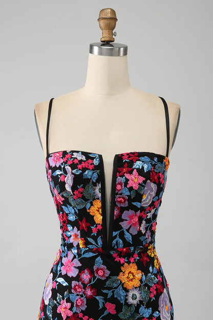 Mermaid Italian Noodle Strap Black Flower Embroidered Side Split Ball Dress