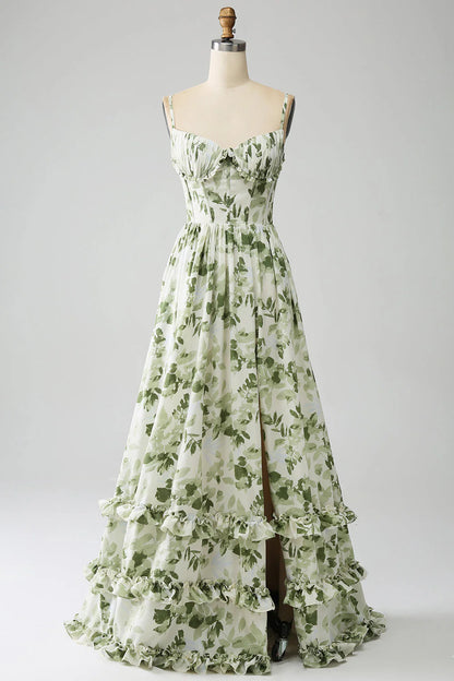 Green Elegant A-line Italian Noodle Strap Printed Folded Split Long Ball Dress