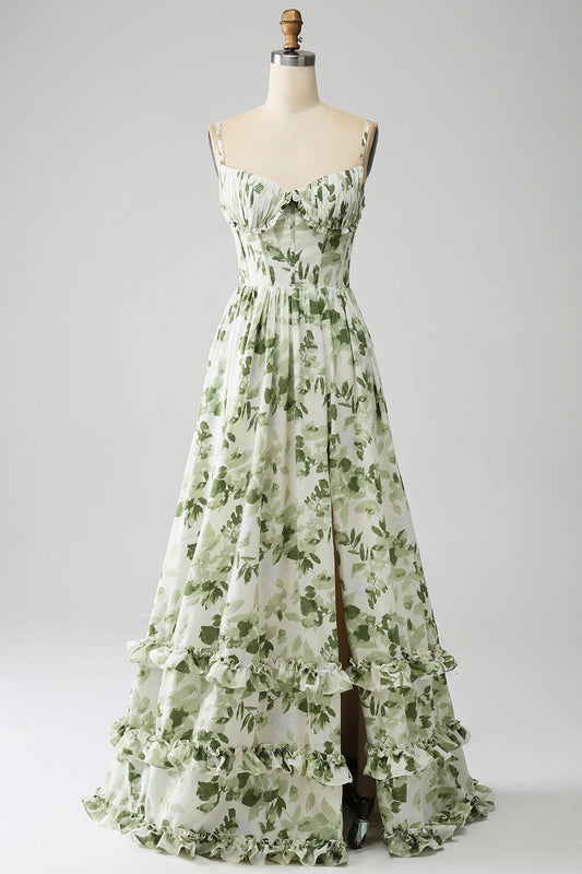 Green Elegant A-line Italian Noodle Strap Printed Folded Split Long Ball Dress