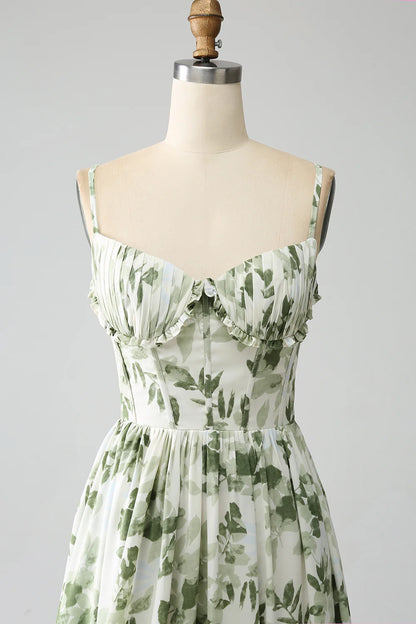 Green Elegant A-line Italian Noodle Strap Printed Folded Split Long Ball Dress