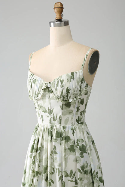 Green Elegant A-line Italian Noodle Strap Printed Folded Split Long Ball Dress