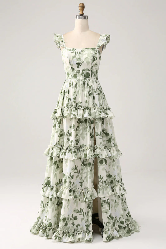 Green sweet floral ruffled edge layered split ball dress