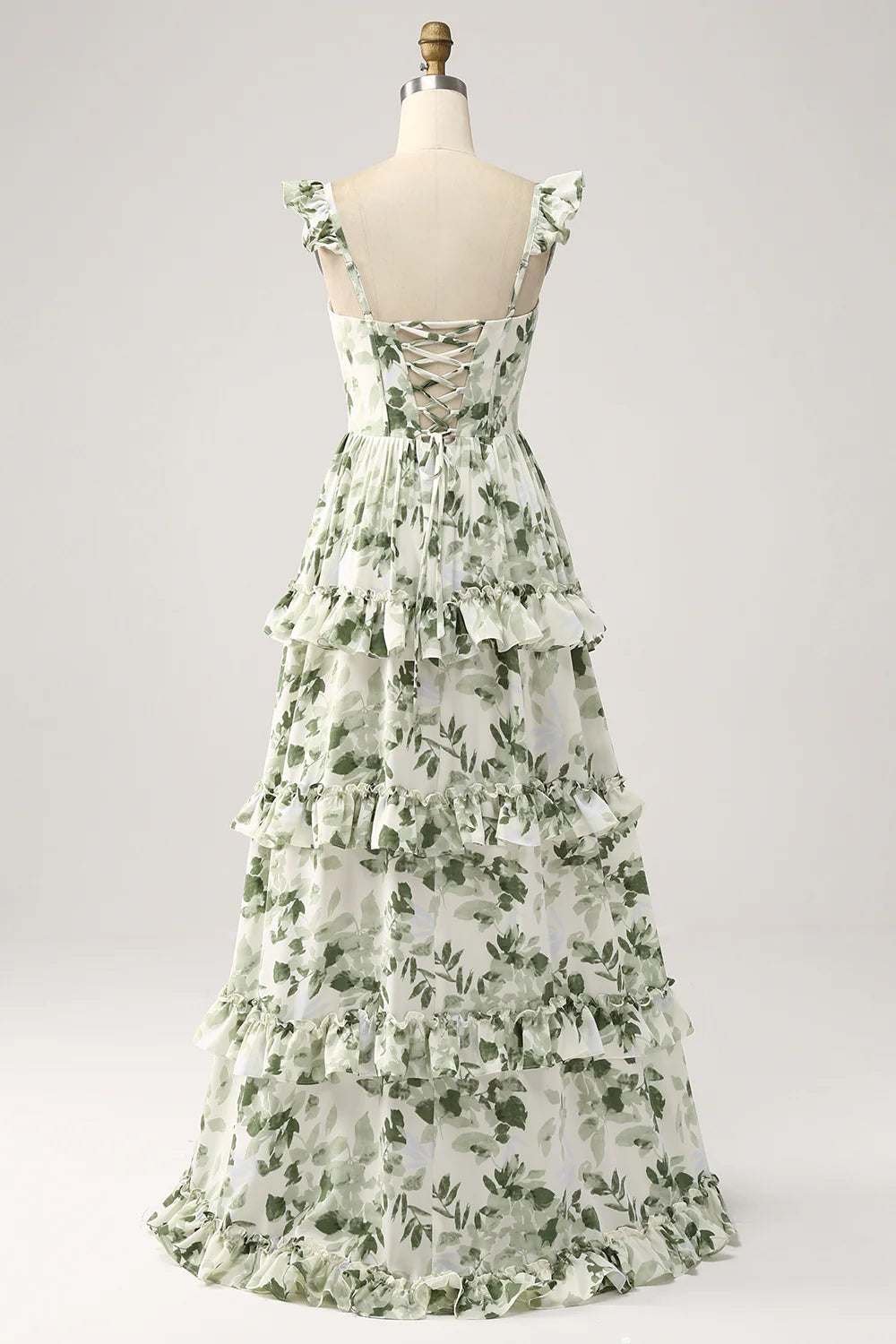 Green sweet floral ruffled edge layered split ball dress