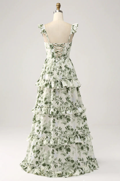 Green sweet floral ruffled edge layered split ball dress