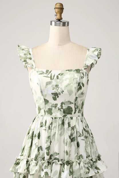 Green sweet floral ruffled edge layered split ball dress