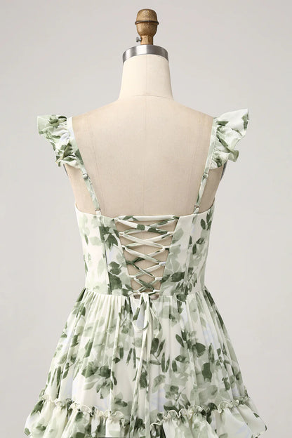 Green sweet floral ruffled edge layered split ball dress