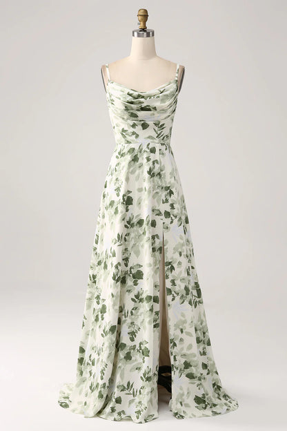 Sexy Naked Neck Green Flower A-line Split Ball Dress