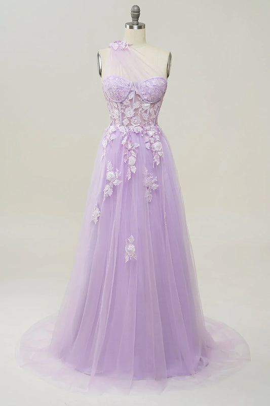 Elegant and sexy one shoulder purple long ball dress