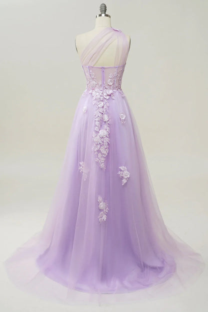 Elegant and sexy one shoulder purple long ball dress