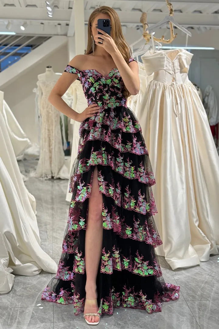 Gorgeous and sexy A-line long layered tight chest dance dress adorned with sequins