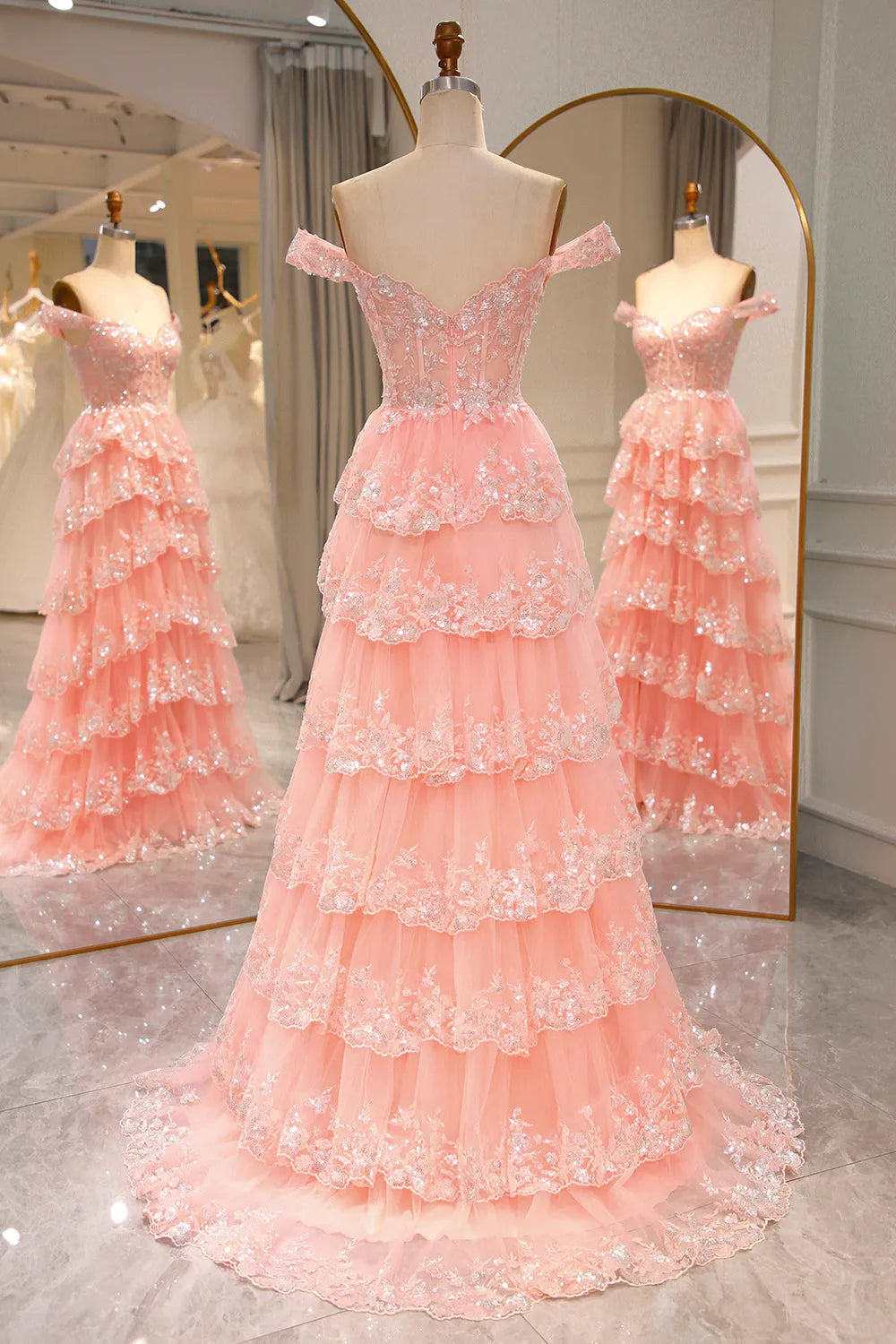Gorgeous and sexy A-line long layered tight chest dance dress adorned with sequins