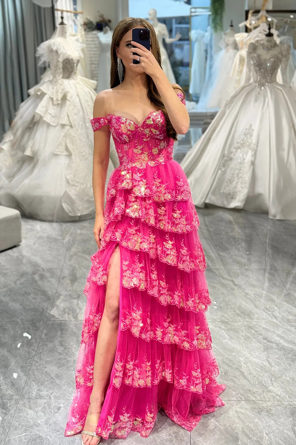 Gorgeous and sexy A-line long layered tight chest dance dress adorned with sequins