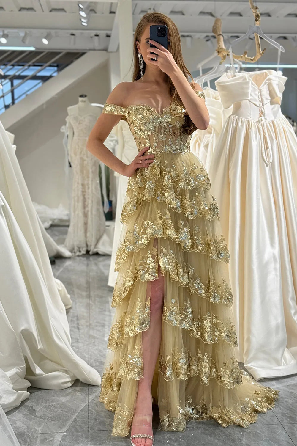 Gorgeous and sexy A-line long layered tight chest dance dress adorned with sequins