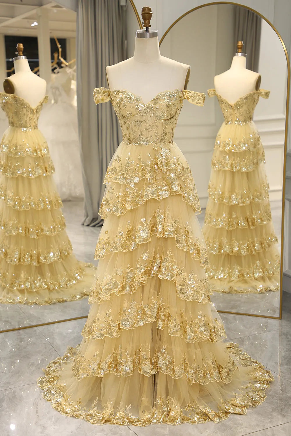 Gorgeous and sexy A-line long layered tight chest dance dress adorned with sequins