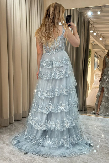 Gorgeous and sexy A-line long layered tight chest dance dress adorned with sequins