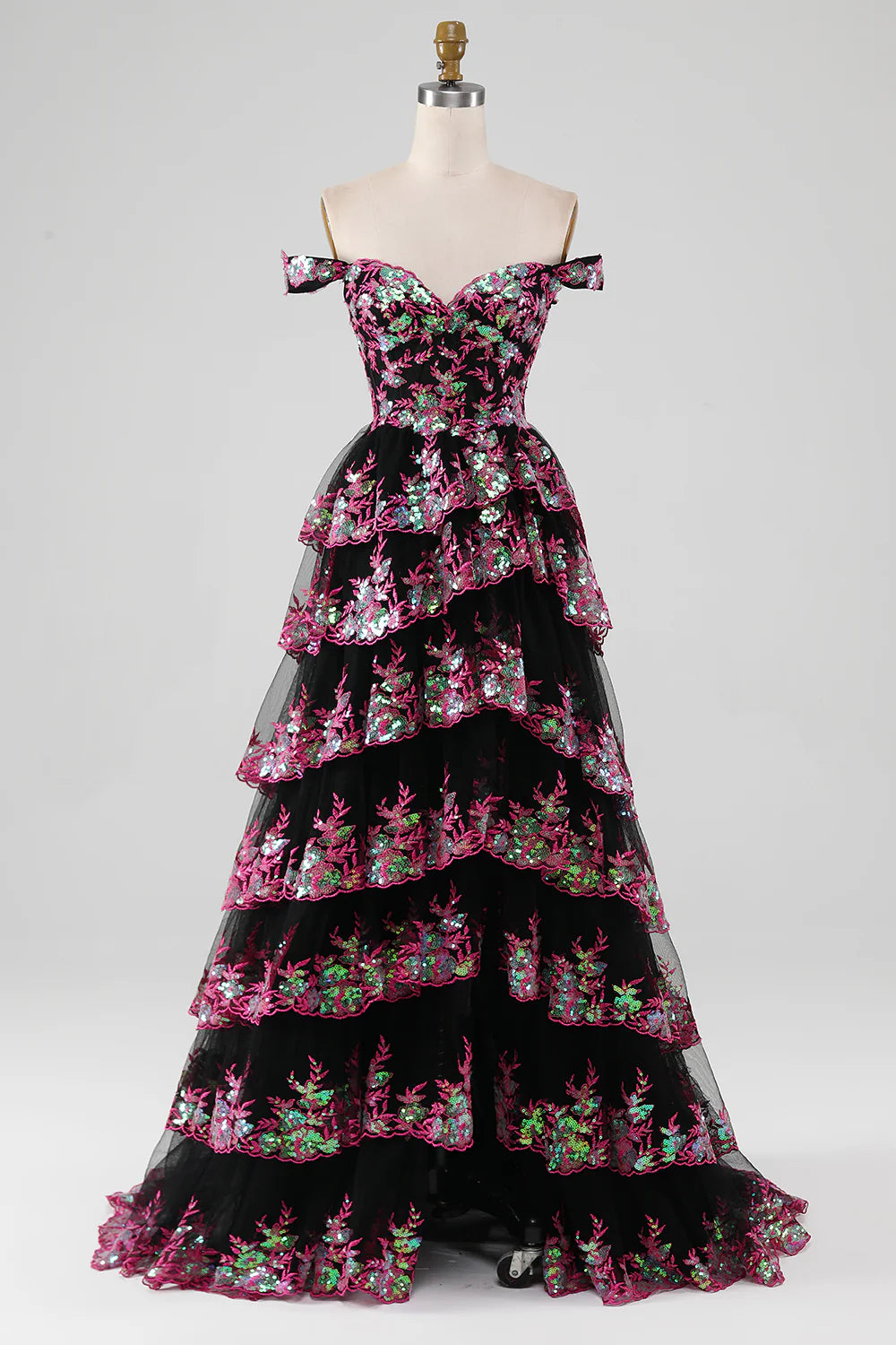 Sparkling black and pink layered lace A-line split long ball dress