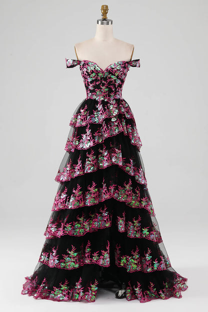 Sparkling black and pink layered lace A-line split long ball dress