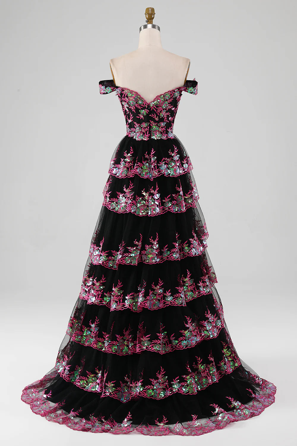 Sparkling black and pink layered lace A-line split long ball dress