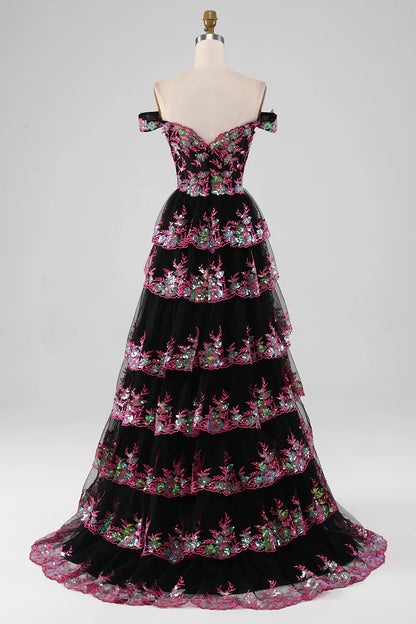 Sparkling black and pink layered lace A-line split long ball dress