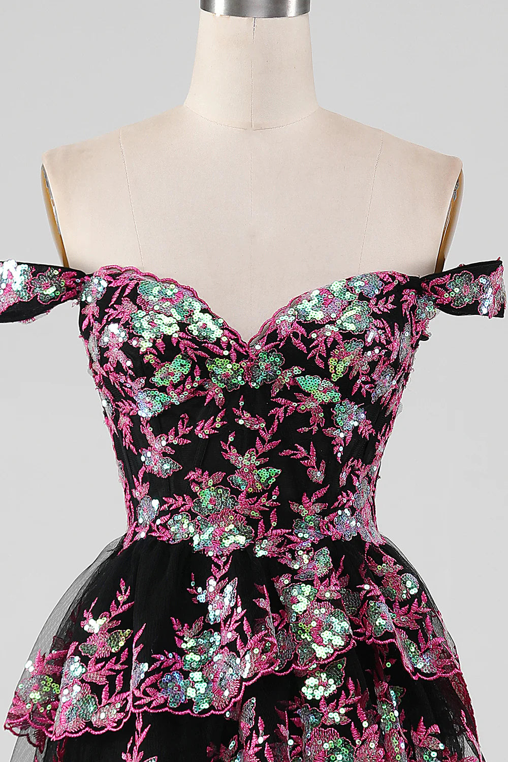 Sparkling black and pink layered lace A-line split long ball dress