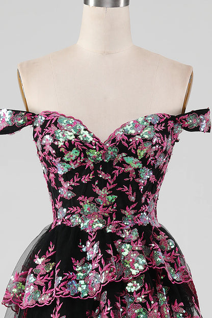Sparkling black and pink layered lace A-line split long ball dress