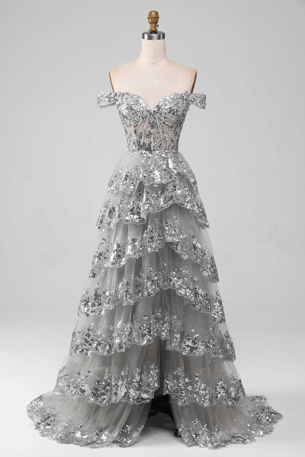 Elegant and Sexy Off Shoulder Grey Silver Sparkling Layered Split Ball Dress