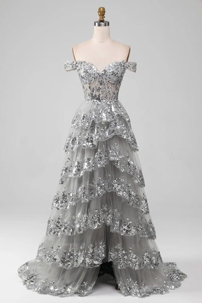 Elegant and Sexy Off Shoulder Grey Silver Sparkling Layered Split Ball Dress
