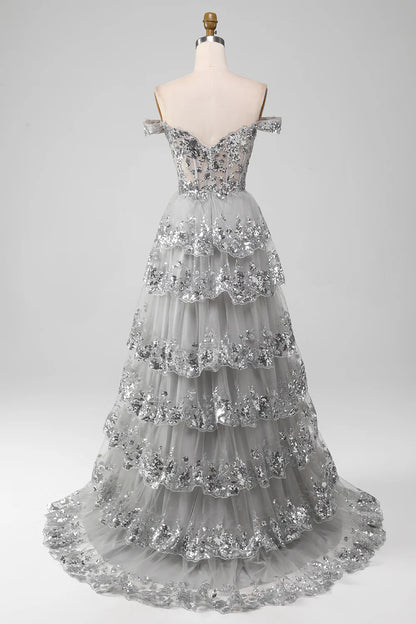 Elegant and Sexy Off Shoulder Grey Silver Sparkling Layered Split Ball Dress