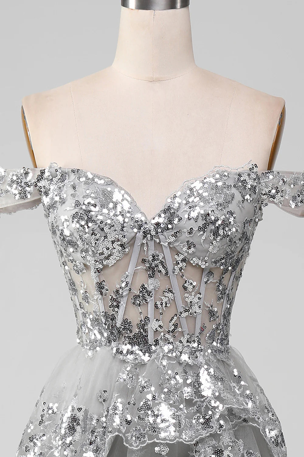 Elegant and Sexy Off Shoulder Grey Silver Sparkling Layered Split Ball Dress