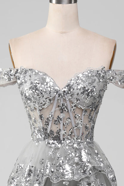 Elegant and Sexy Off Shoulder Grey Silver Sparkling Layered Split Ball Dress