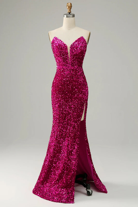 Hot pink, hot and sexy strapless sequin split ball dress