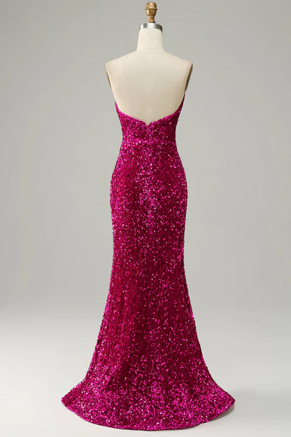Hot pink, hot and sexy strapless sequin split ball dress