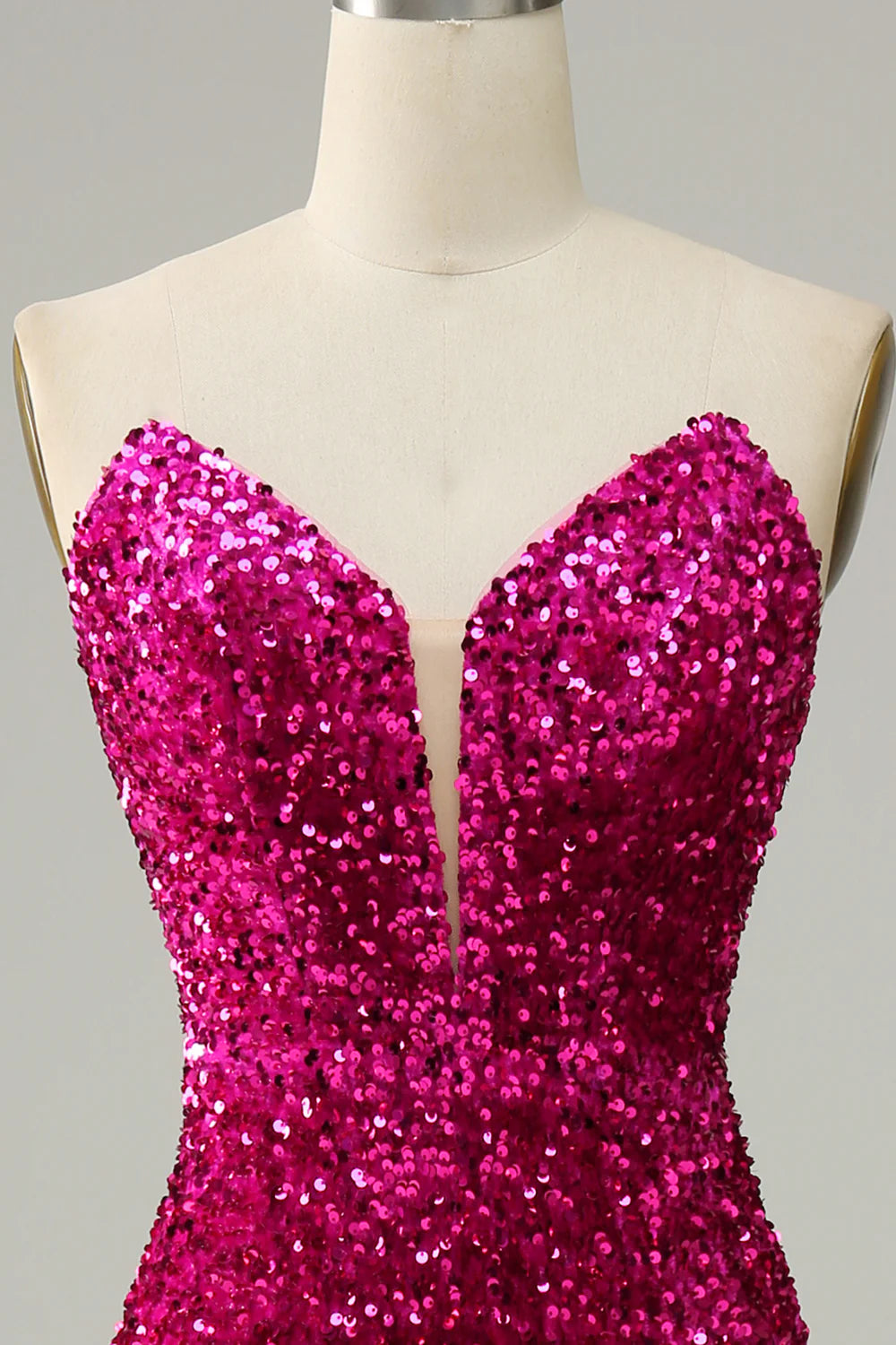 Hot pink, hot and sexy strapless sequin split ball dress