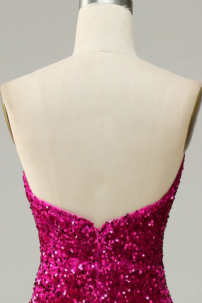 Hot pink, hot and sexy strapless sequin split ball dress