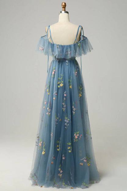 Sexy A-line V-neck Italian spaghetti strap embroidered gray blue slit long ball dress