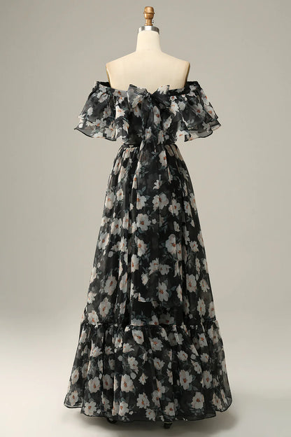 Detachable sexy and elegant strapless black floral shoulder ball dressDetachable sexy and elegant strapless black floral shoulder ball dress