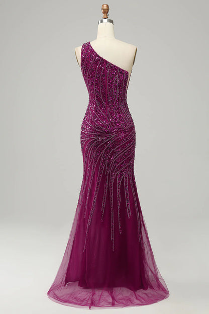 Sexy One Shoulder Sequin Split Prom Cocktail Dress