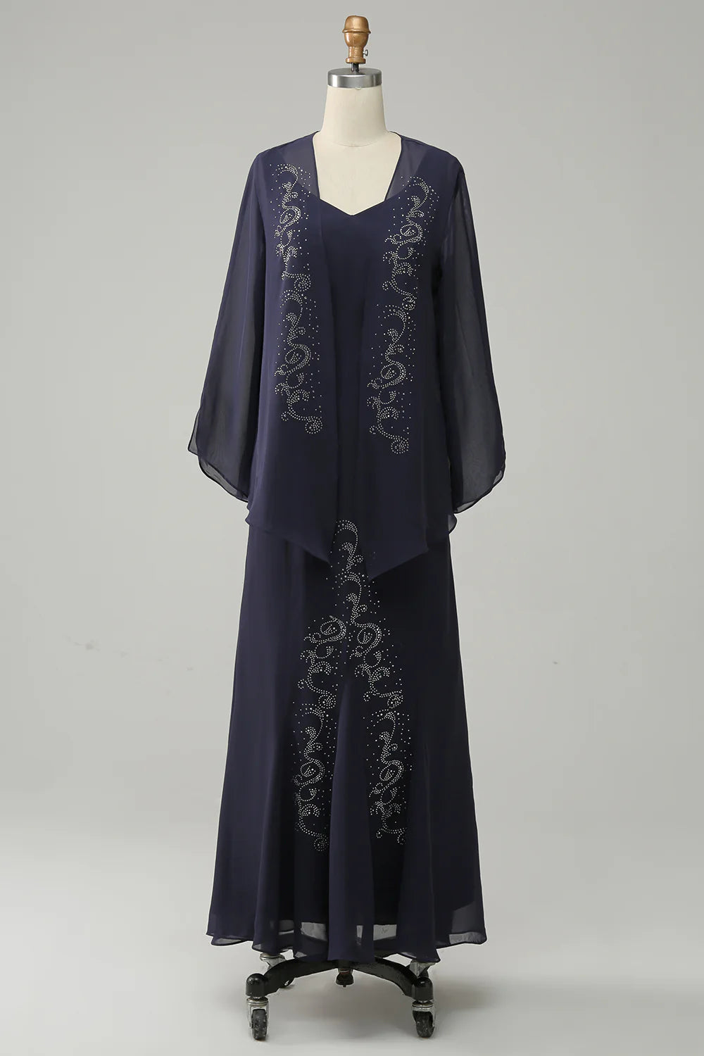 Elegant navy blue two-piece set with sparkling beaded bridal mother dress