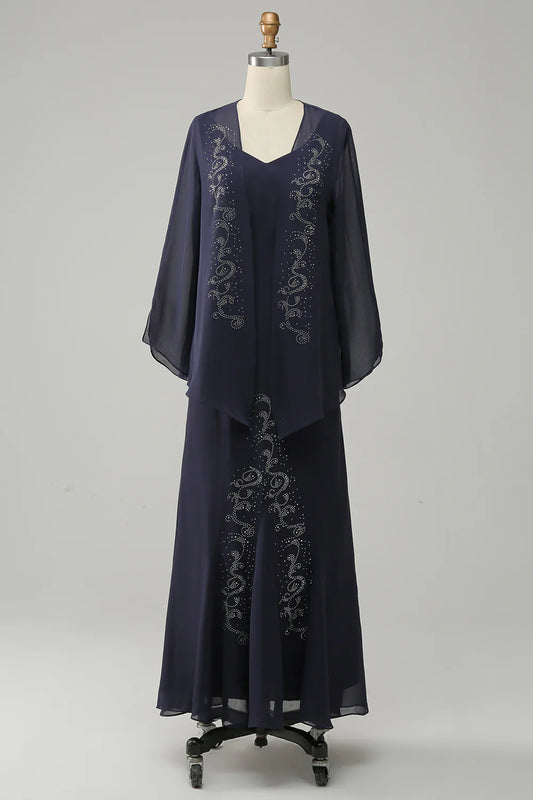 Elegant navy blue two-piece set with sparkling beaded bridal mother dress
