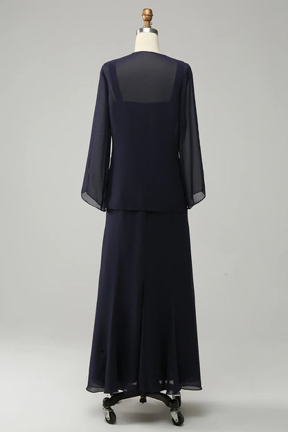 Elegant navy blue two-piece set with sparkling beaded bridal mother dress