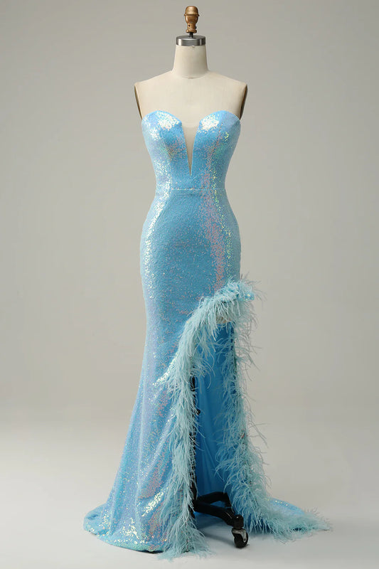 Mermaid Sweet Sweetheart Light Blue Sequin Feather Long Ball Dress